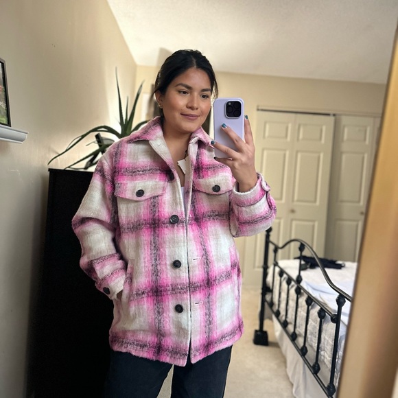 Zara pink plaid oversized shacket jacket size XS NWT - Picture 2 of 9